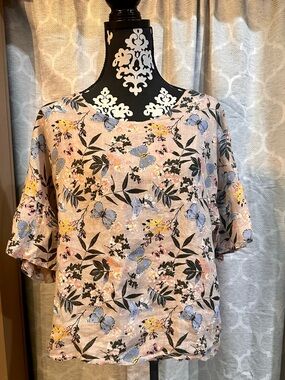 Viola Borghi Women's Pink Floral Ruffle Sleeve Linen Top size Large